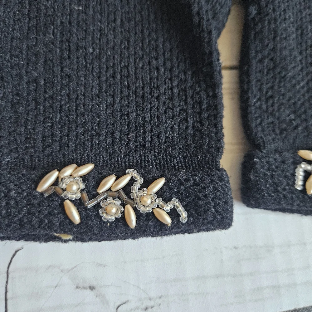 Vintage Black‎ Knit Gloves Beaded Embellishments